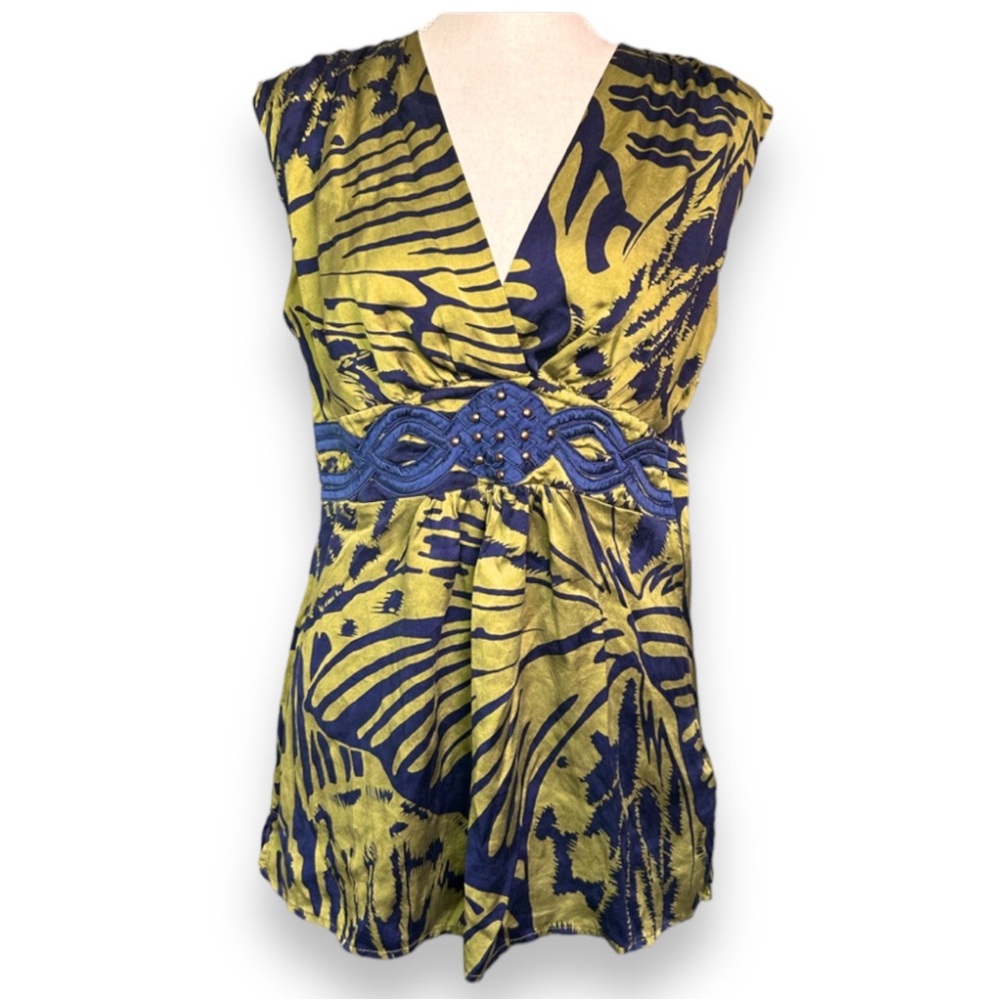 Women's Hale Bob Sleeveless silk Blouse blue green studded deep v neck y2k